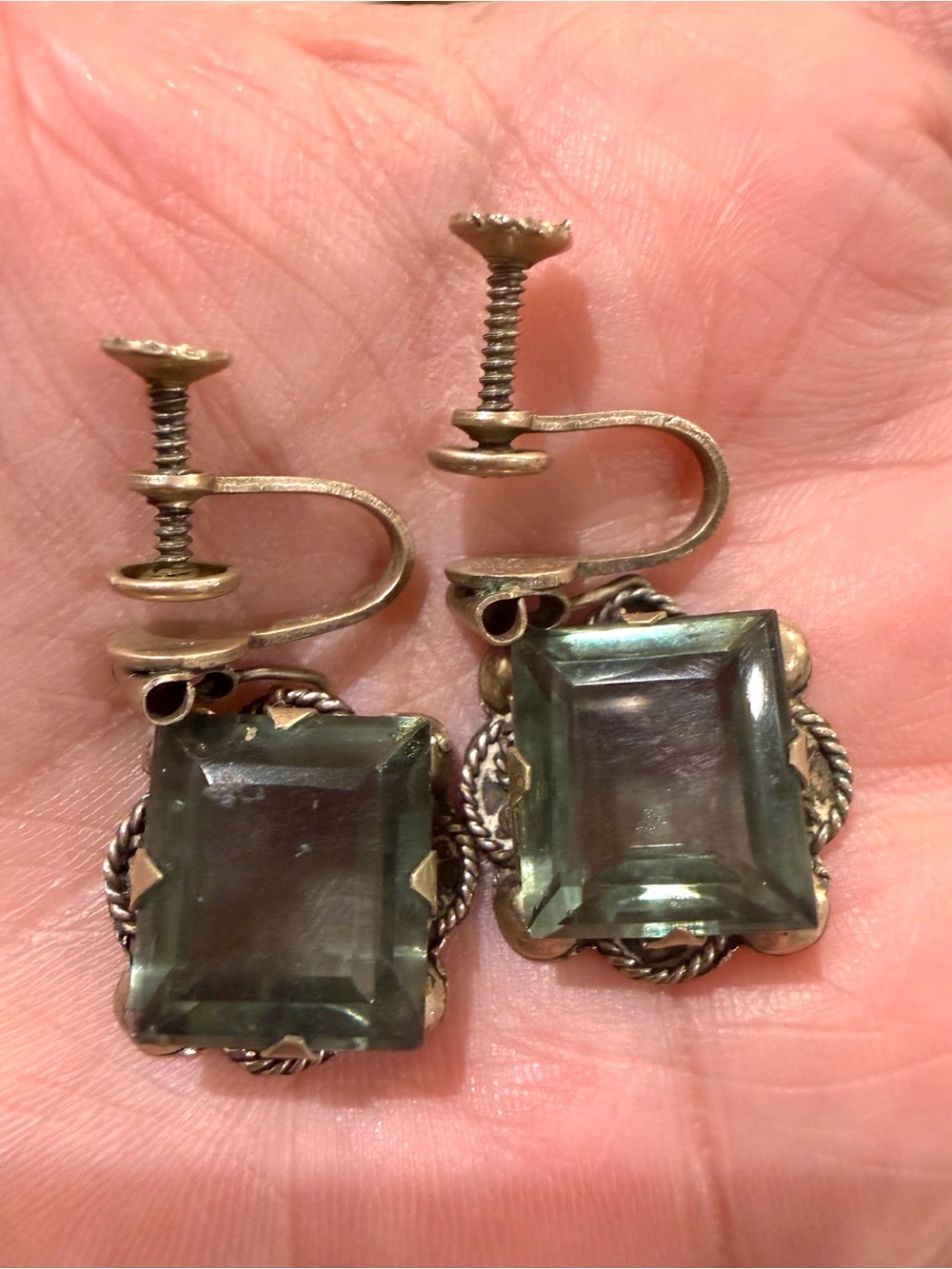 Vintage Pre-1948 Mexican Sterling Silver Green Emerald Cut Screw Back Earrings